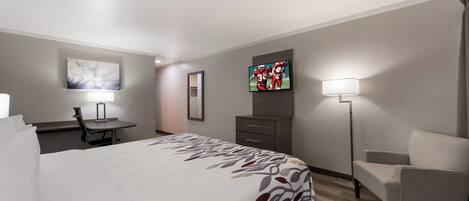 A hotel room with a large bed, a desk, a chair, a TV, and a lamp.