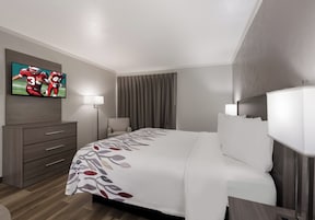 Habitación de hotel con cama, televisor montado en la pared, escritorio y una silla.