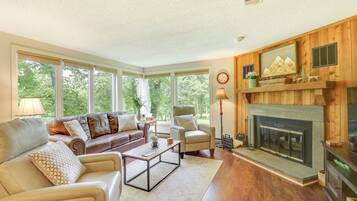 TV, fireplace, books