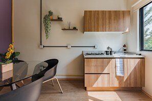 Suite - byudsigt | Privat tekøkken | Mikrobølgeovn, køkkentøj/tallerkener/redskaber, fryser