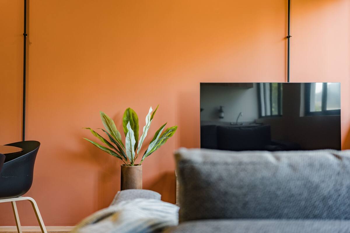 Una sala de estar con un sofá, una planta en maceta y un televisor de pantalla plana montado en la pared.
