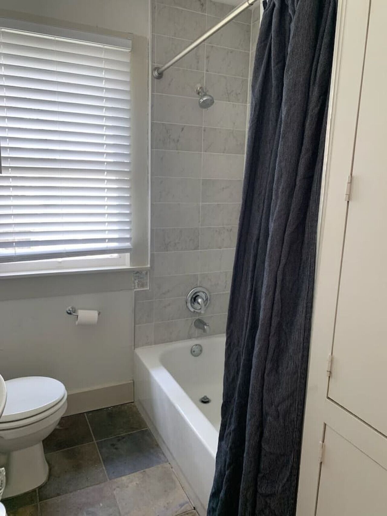 A bathroom with a toilet, a bathtub, and a shower area.