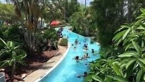 A water slide in a pool area surrounded by greenery. - Cozy retreat, NE cape coral oasis 5 mins to restaurants and shopping plaza. (Cape Coral)