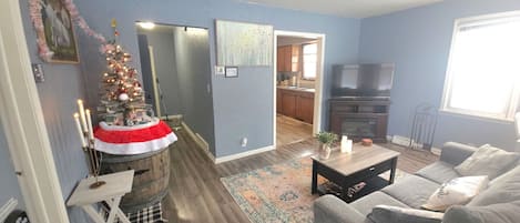 Smart-tv, een open haard, een dvd-speler en boeken