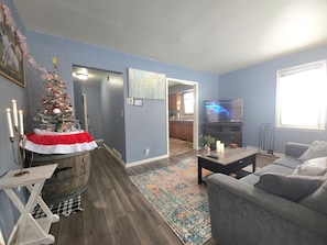 Smart-TV, Kamin, DVD-Player, Bücher