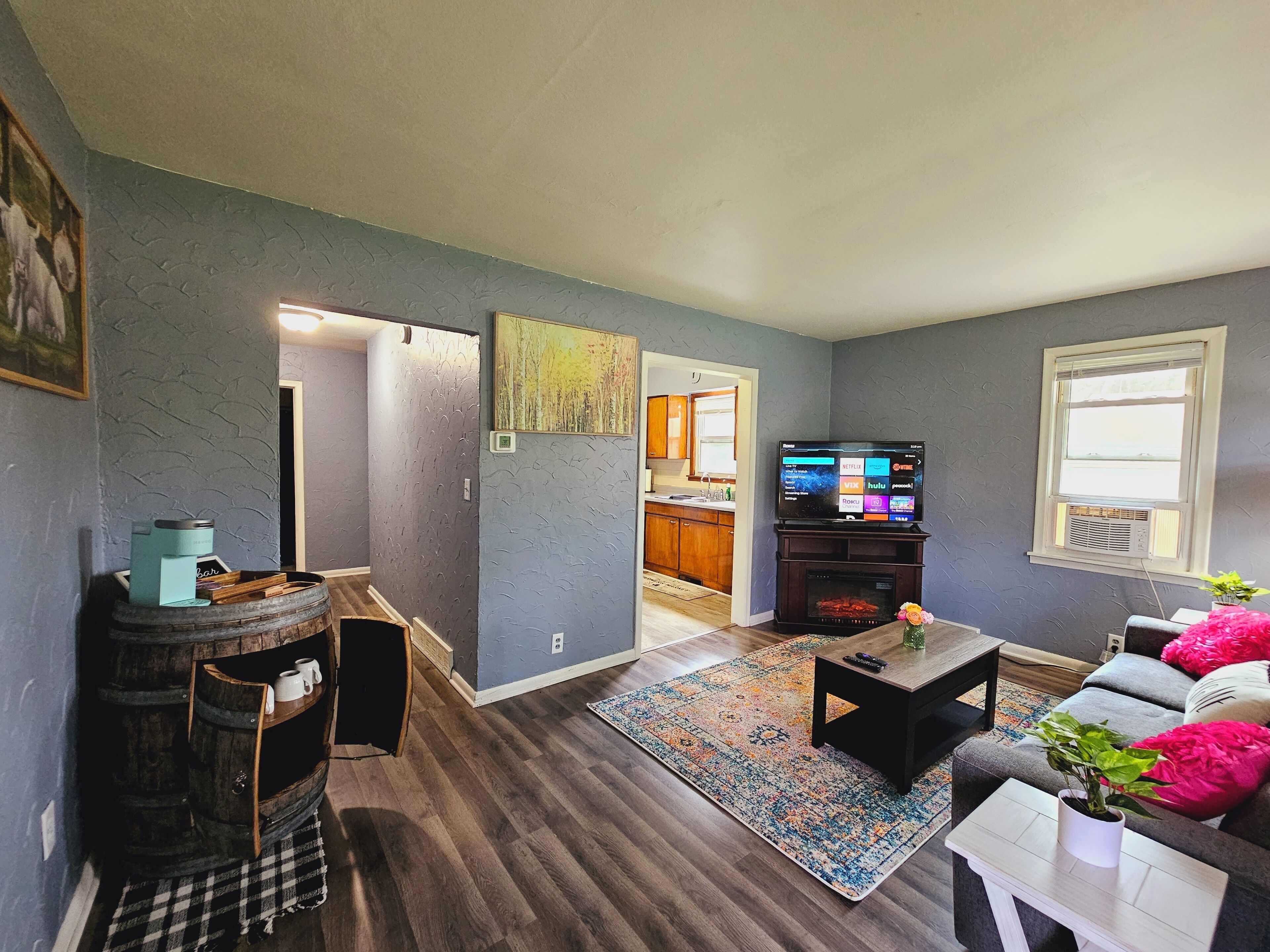 Smart TV, fireplace, books