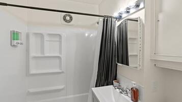 Hair dryer, towels, soap, shampoo
