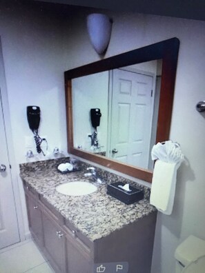 Jetted tub, hair dryer, towels, soap