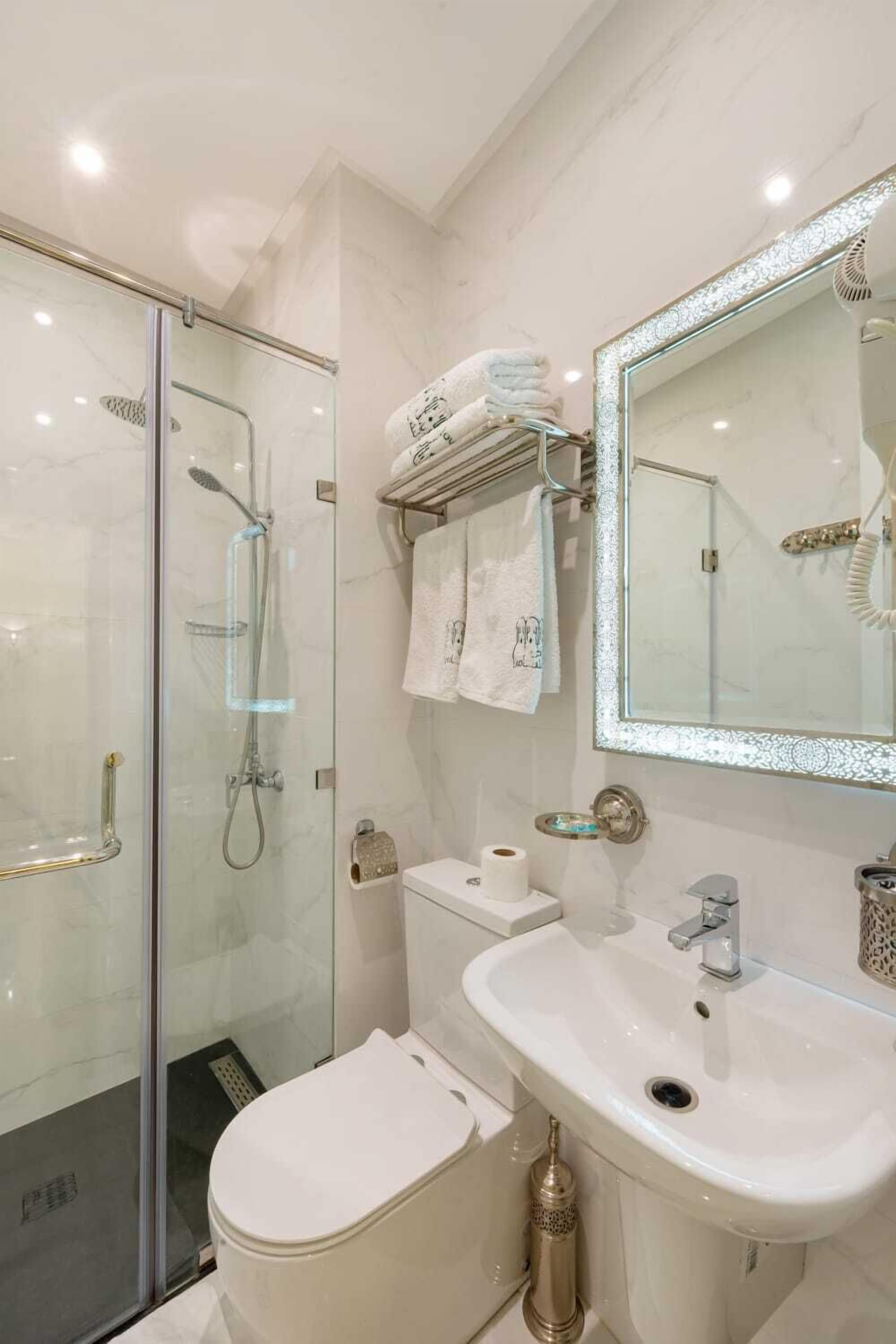 Une salle de bain moderne avec une douche à parois de verre, un lavabo blanc et un grand miroir doté d’un cadre décoratif.