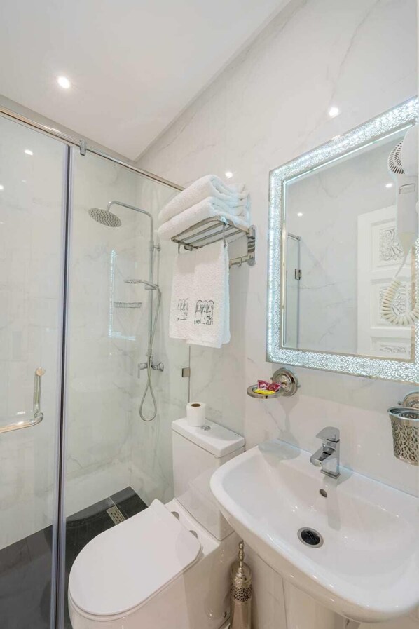 A modern bathroom with a glass-enclosed shower, a white toilet, a sink with a mirror, and a towel rack.