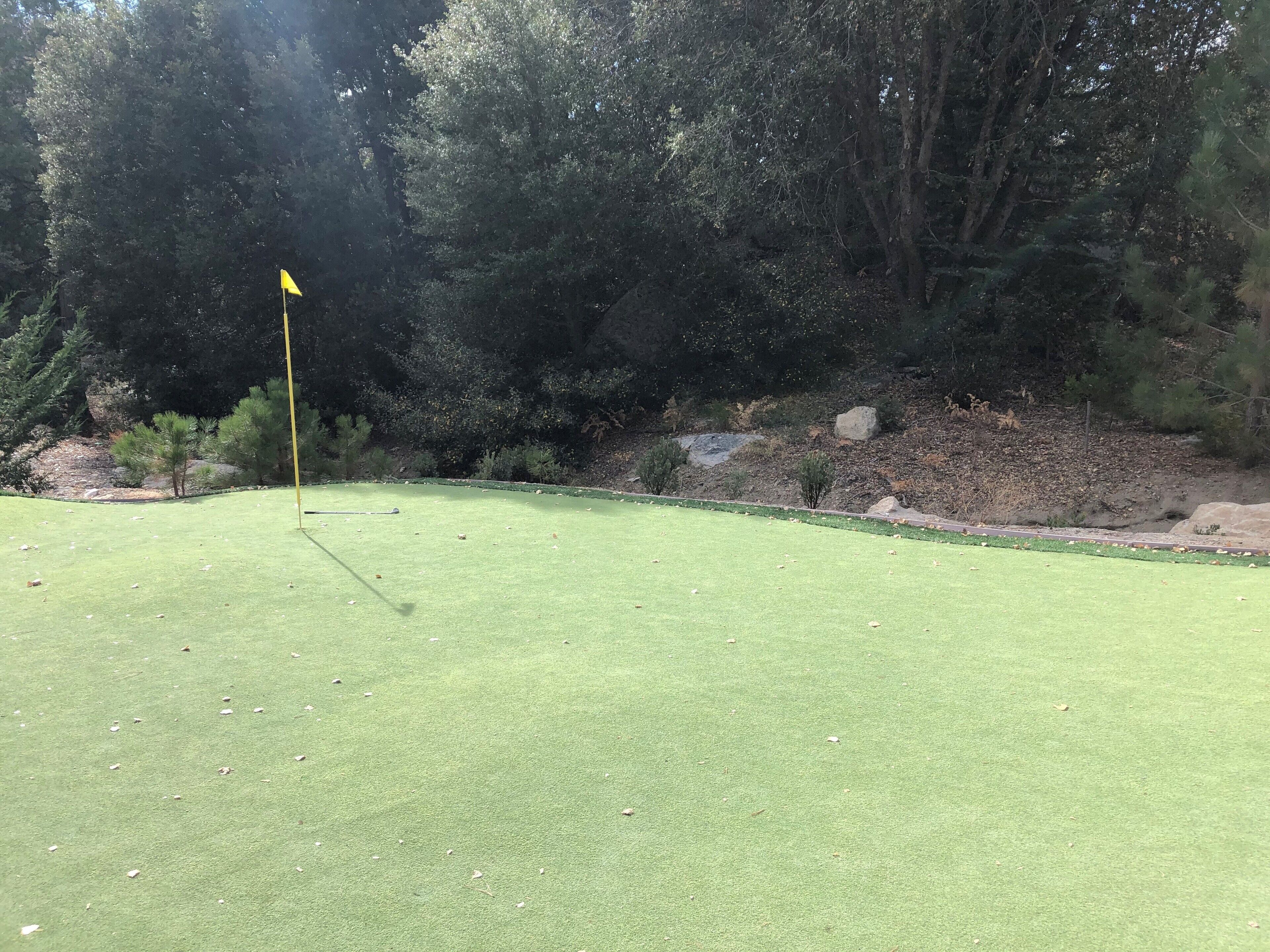 Un parcours de golf avec un mât de drapeau, une pelouse bien entretenue et des arbres environnants.