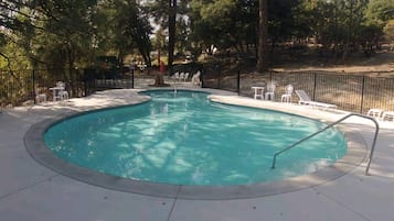 Seasonal outdoor pool, open 10:00 AM to 8:00 PM, pool loungers