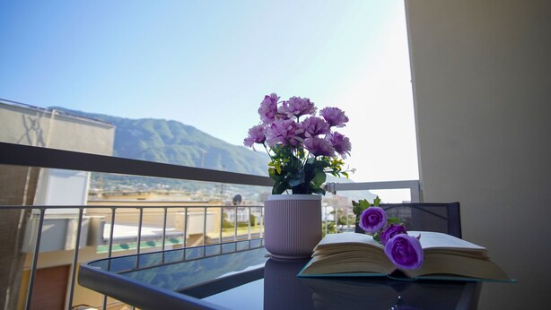 Ein Balkon mit einem Blumentopf und einem offenen Buch.