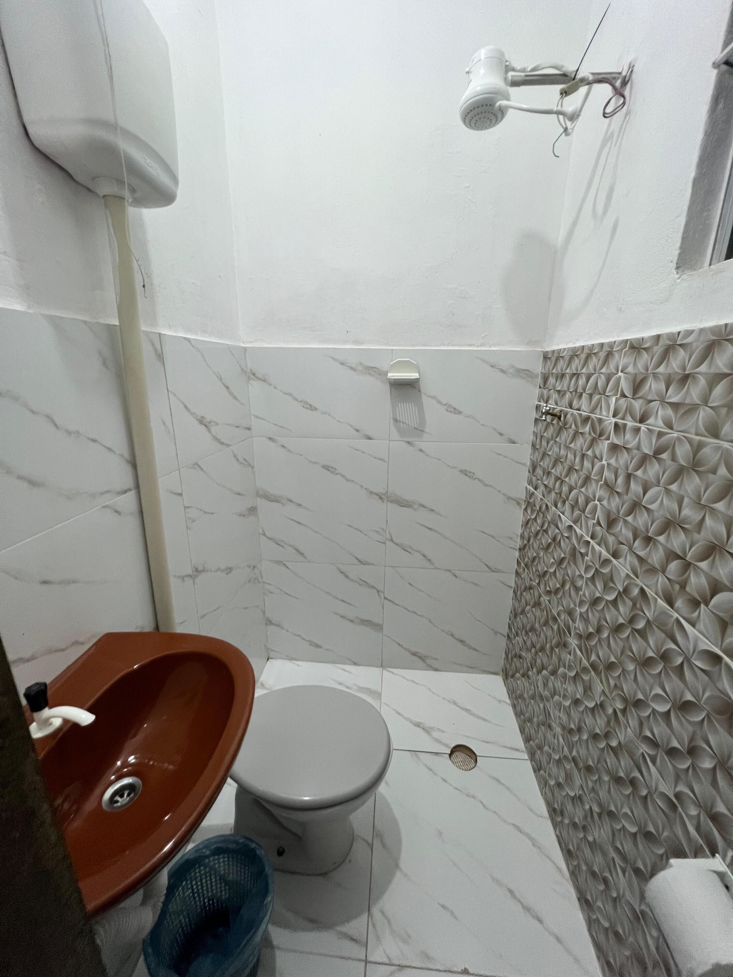 A bathroom with a toilet, a sink, and a shower.