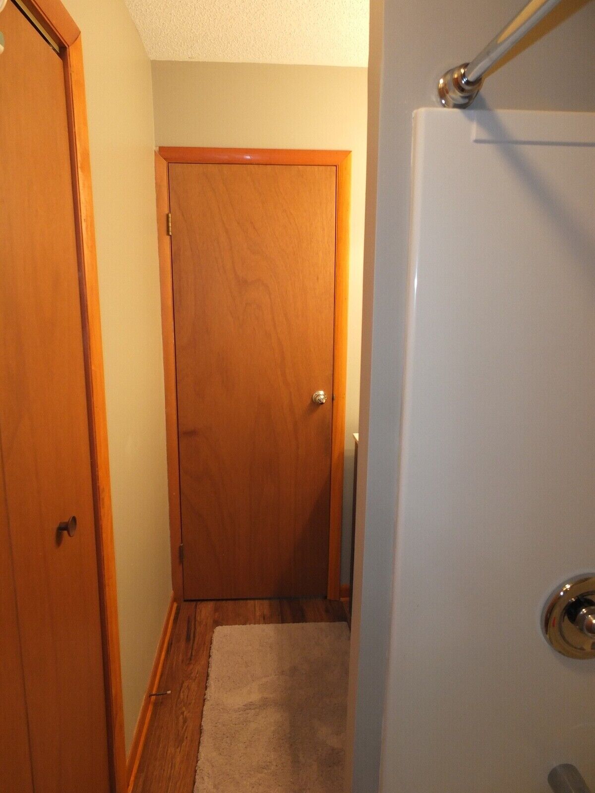 A narrow hallway with wooden doors and a white wall.