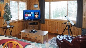 Ein gemütliches Blockhäuschen im Inneren mit Holzvertäfelung, einem Fernseher, einem Teleskop und einem Weihnachtsbaum.