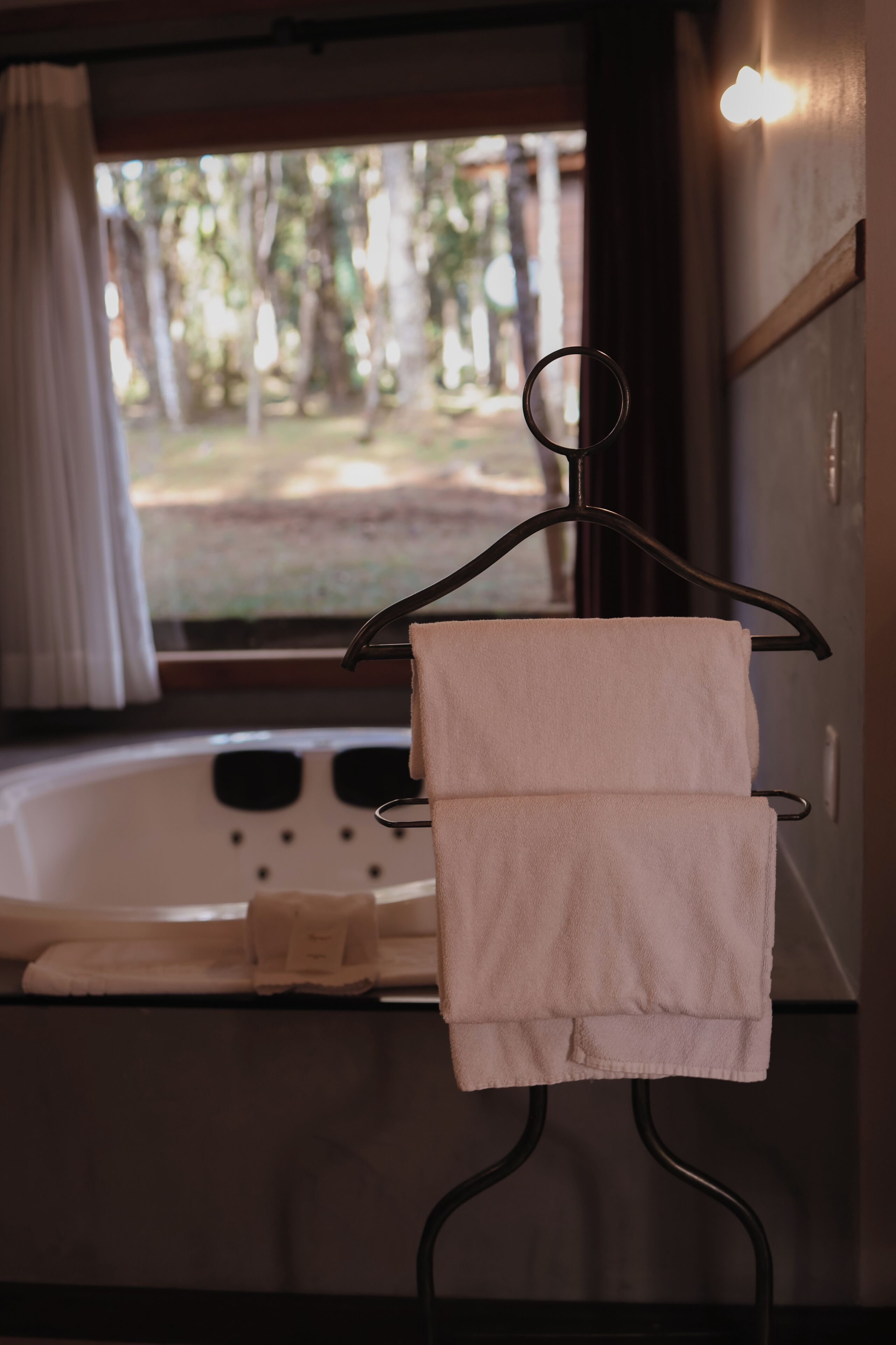 A bathroom with a towel rack holding two towels, a bathtub, and a view of trees through a window.
