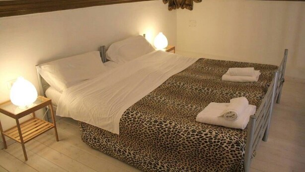 Une chambre à coucher avec un lit, deux lampes de chevet, une tête de lit en bois et une couvre-lit à motifs léopard.