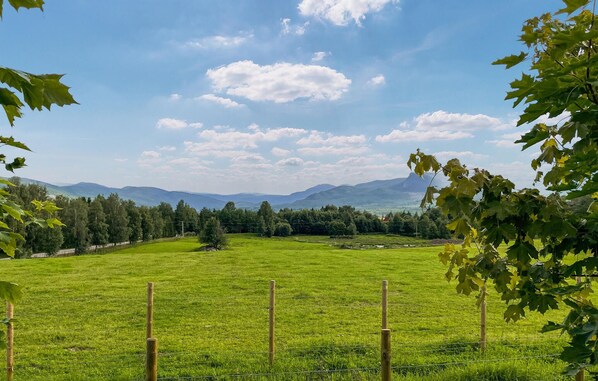 A grassy field with a wooden fence and a mountain range in the background. - Gorgeous home in Koppang with sauna (Koppang)