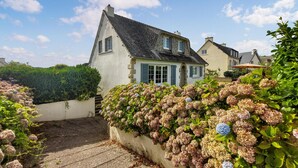 Une maison traditionnelle avec un toit à forte pente, une cheminée bien visible et un petit porche à l’avant.