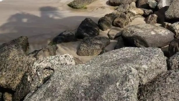 Una playa con costa rocosa, olas tranquilas y cielo despejado.
