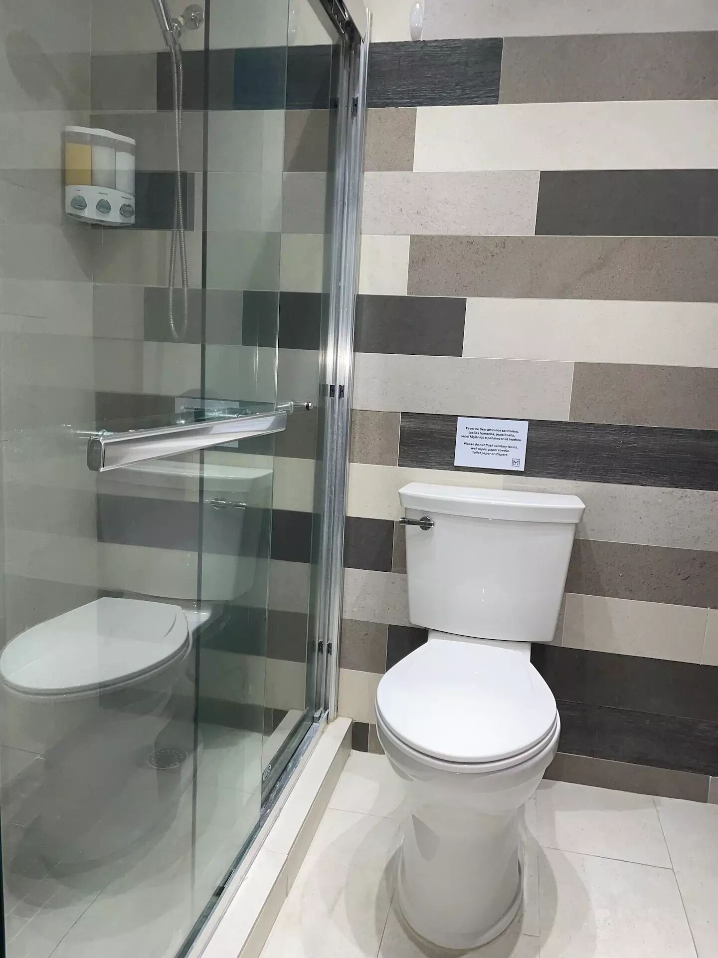 Ein Badezimmer mit Duschkabine, Toilette und Wandseifenspender.