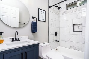 Hair dryer, towels, soap, shampoo