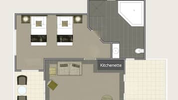 Een plattegrond met een tweepersoonsopstelling van de Lakeside Chalets, inclusief een kitchenette, twee slaapkamers, een badkamer en een eetgedeelte.