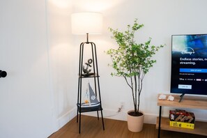 Una habitación con una lámpara de pie, una planta en maceta, un televisor mostrando una pantalla de registro en Disney+ y una caja de baterías sobre una mesa.