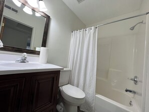 Combined shower/tub, hair dryer, towels