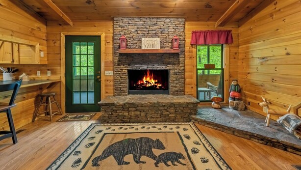 Un intérieur de chalet chaleureux avec une cheminée en pierre, des murs en bois, une porte verte et un tapis à motifs d’ours.