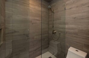 Combined shower/tub, hair dryer, towels