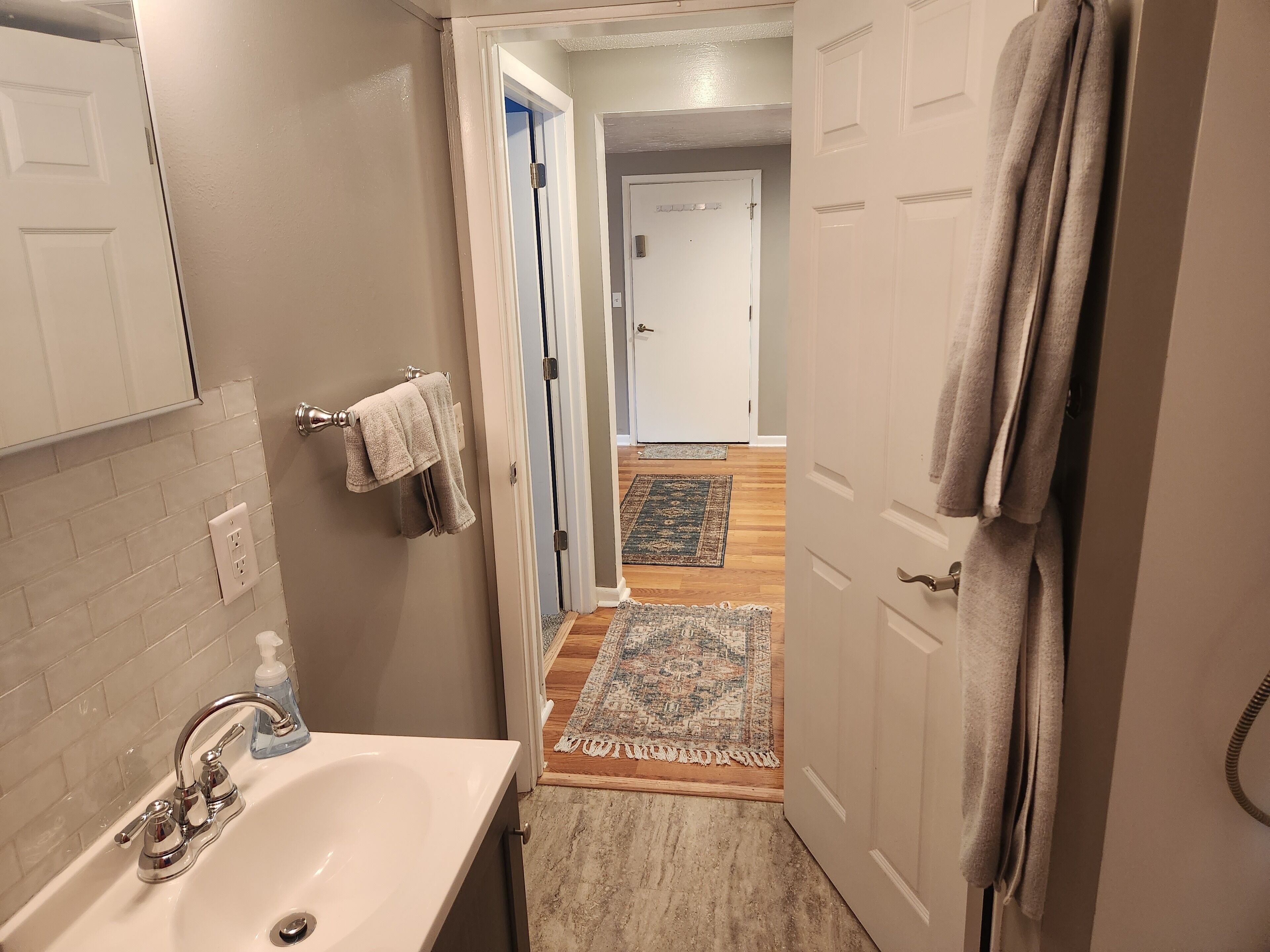 Hair dryer, towels, soap, shampoo