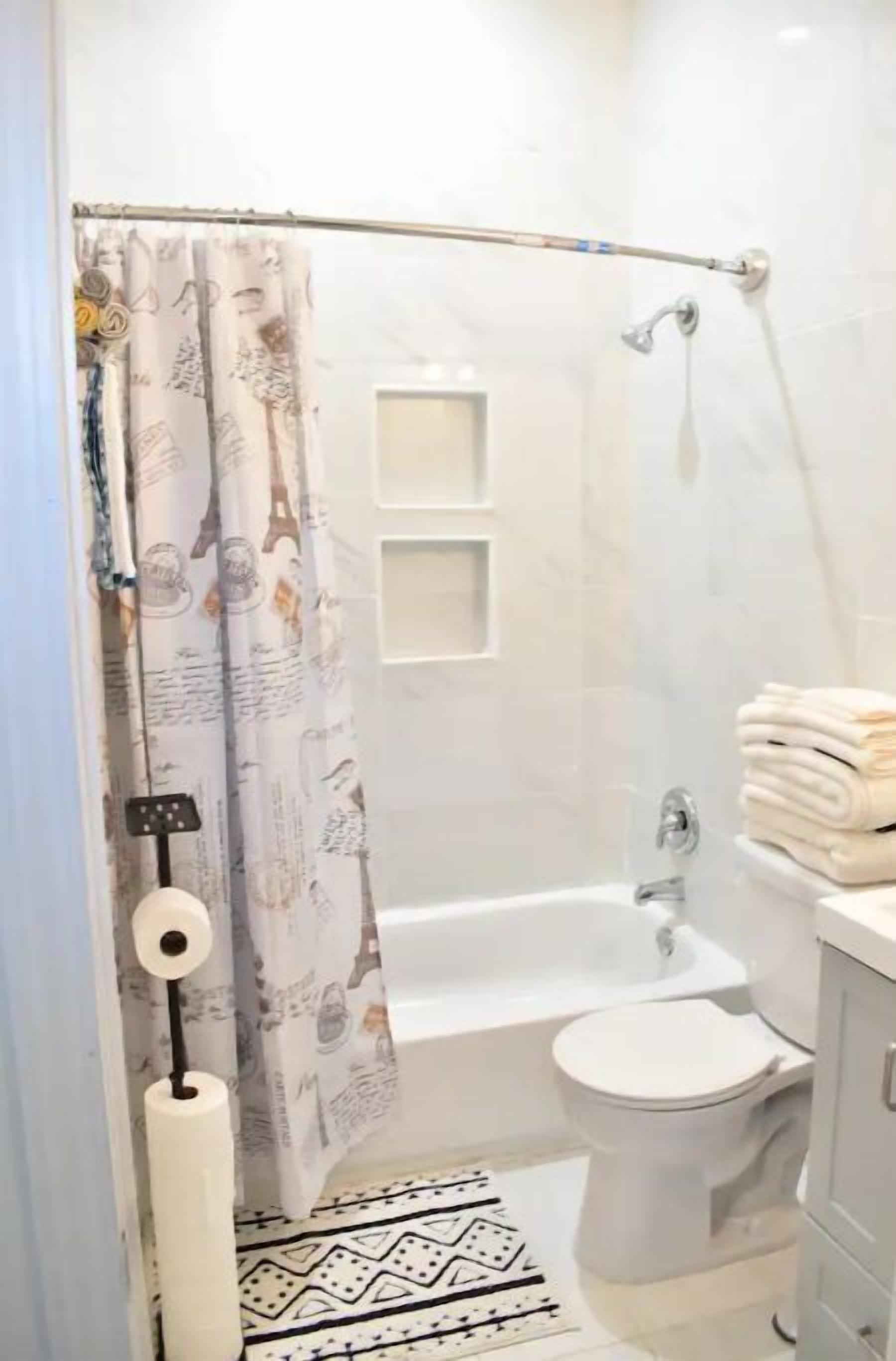 Hair dryer, towels, soap, shampoo