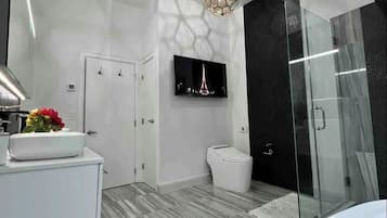 Shower, hair dryer, bidet, towels