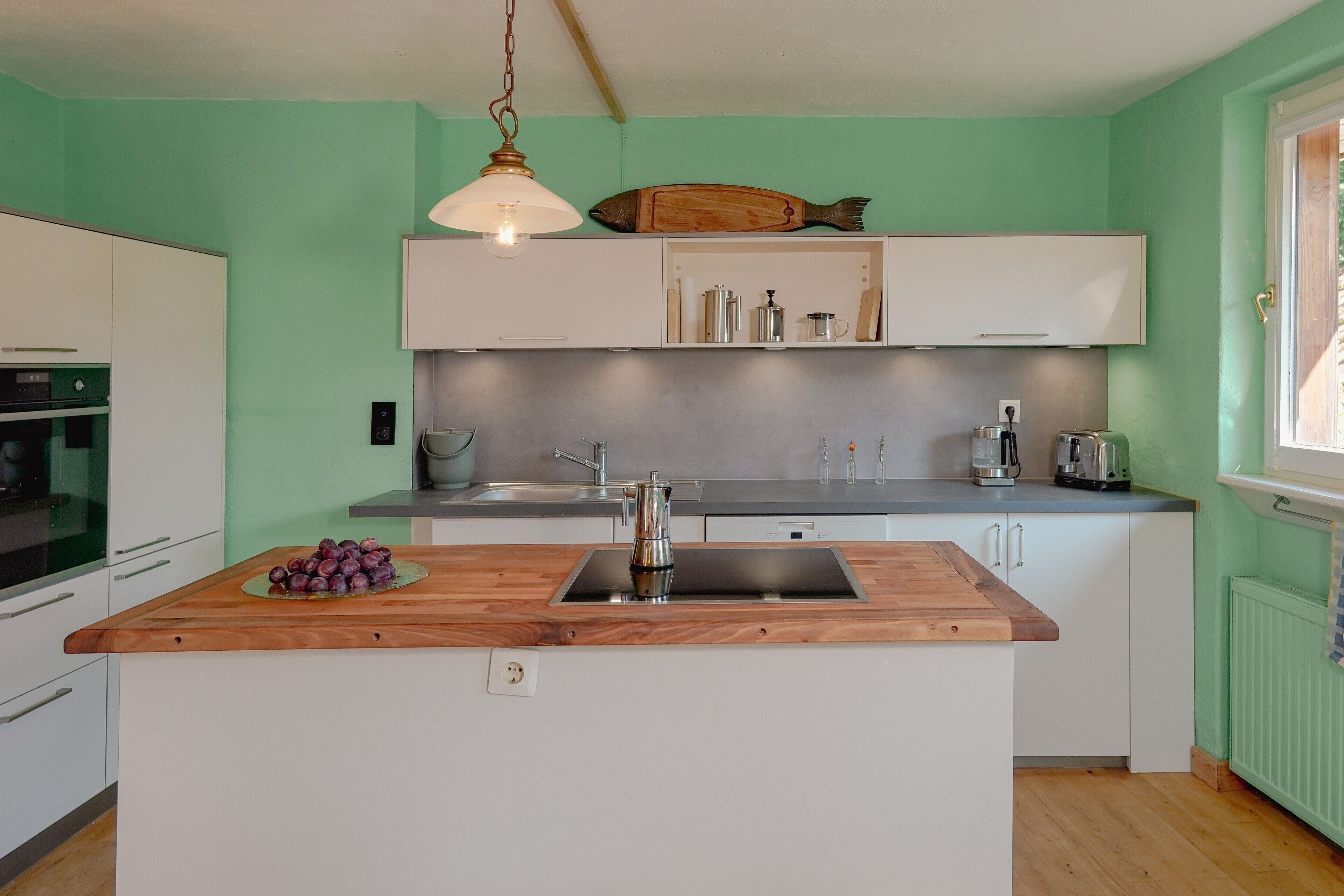 Een koelkast, een oven, een kookplaat, een vaatwasser