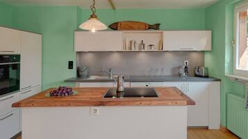 Een koelkast, een oven, een kookplaat, een vaatwasser