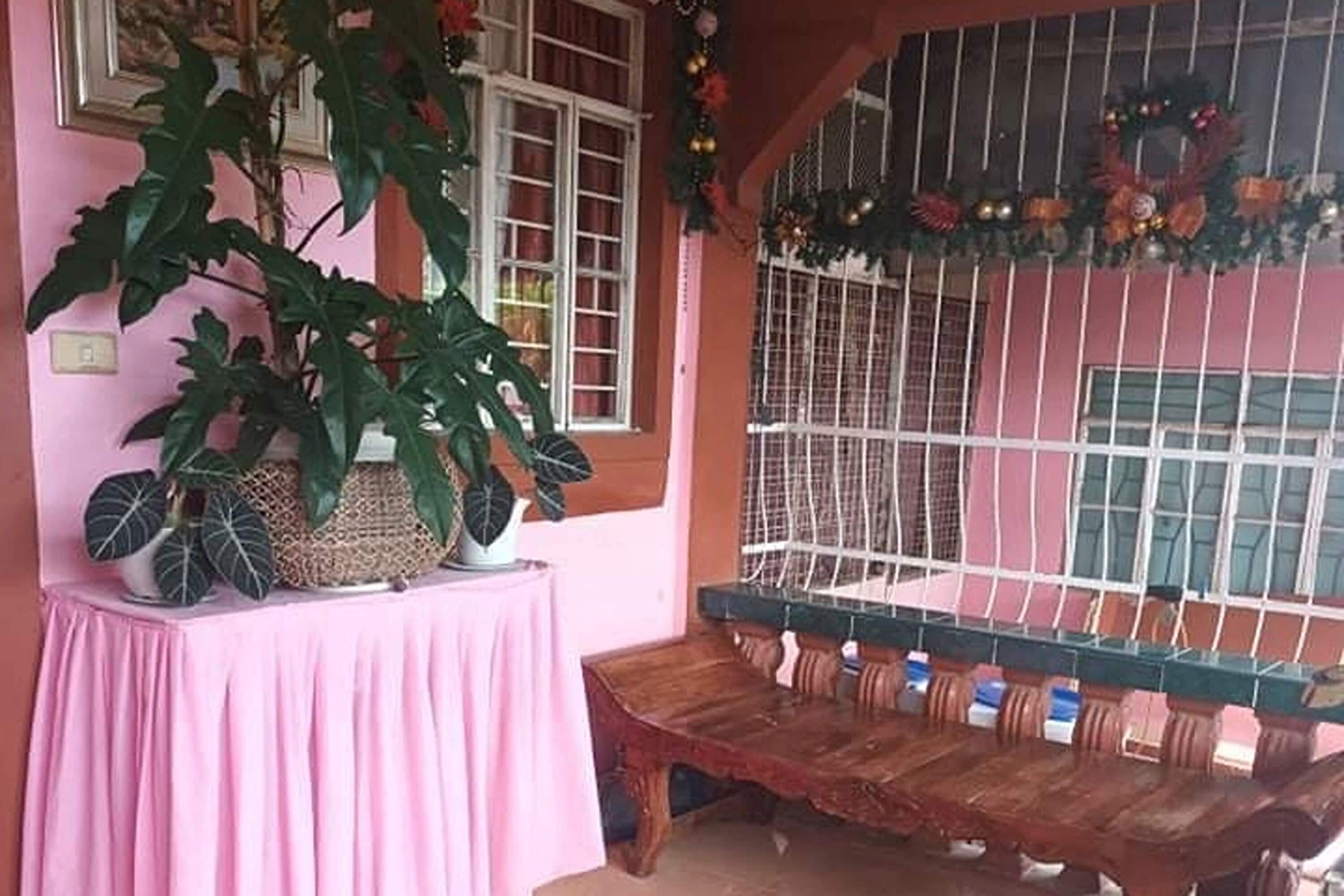 A pink room with a wooden bench, a table with a potted plant, and a window with a metal grill.