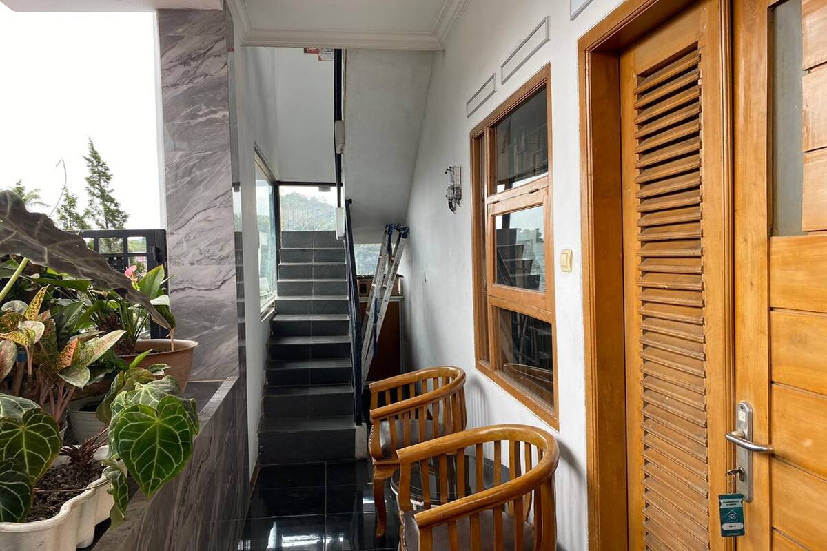 A staircase leading to an upper floor, flanked by potted plants and wooden chairs.
