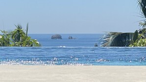A beach with clear blue water, a sandy shore, and some palm trees. - Hear the waves from either pools or patios, or walk to the beach, ocean views (Manuel Antonio)