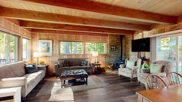 TV, fireplace, DVD player, books