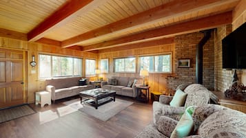 TV, fireplace, DVD player, books