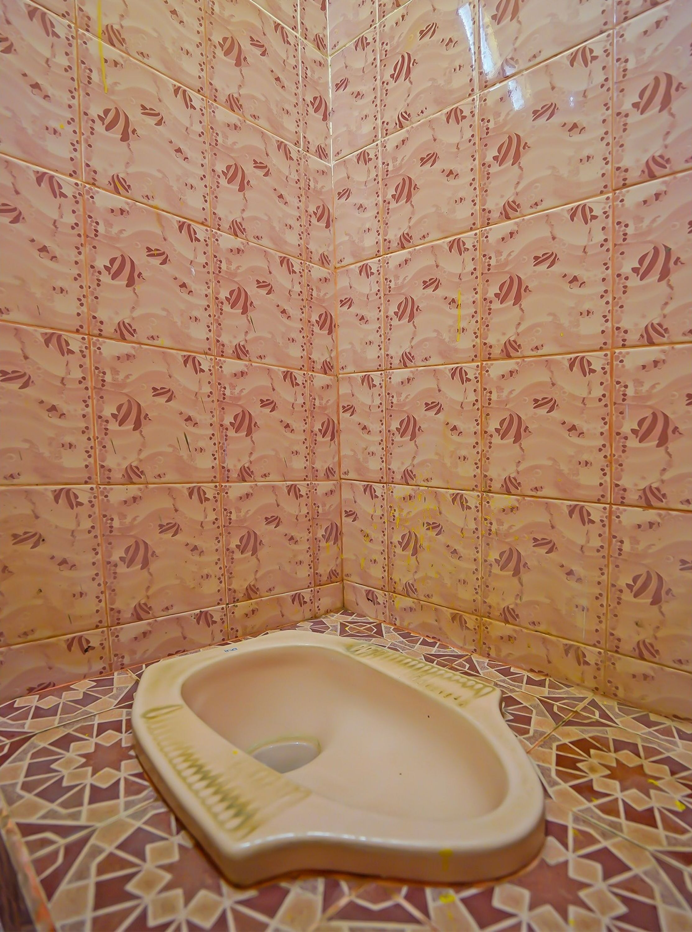 Een badkamer met toilet, betegelde wanden en een vloer met een patroon.