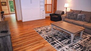 Smart TV, fireplace, foosball