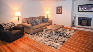 Smart TV, fireplace, foosball