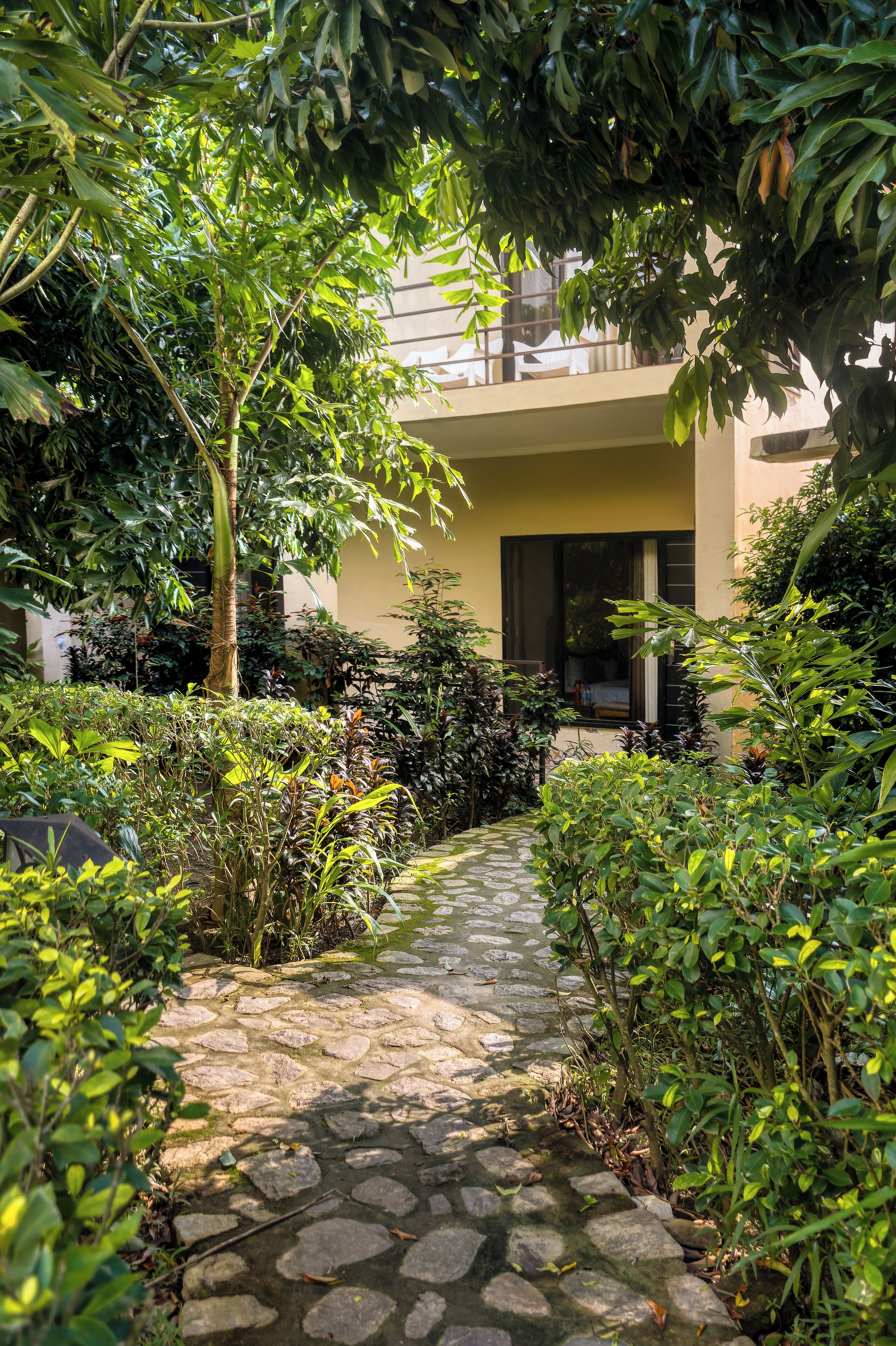 A stone pathway leading to a building with a balcony, surrounded by lush greenery.