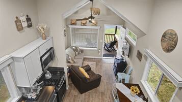 Smart TV, lareira, DVD player, livros