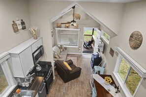 TV connectée, cheminée, lecteur de DVD, livres