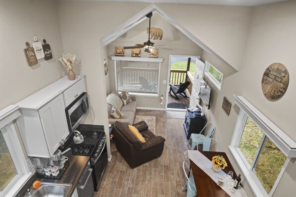 Smart TV, fireplace, DVD player, books