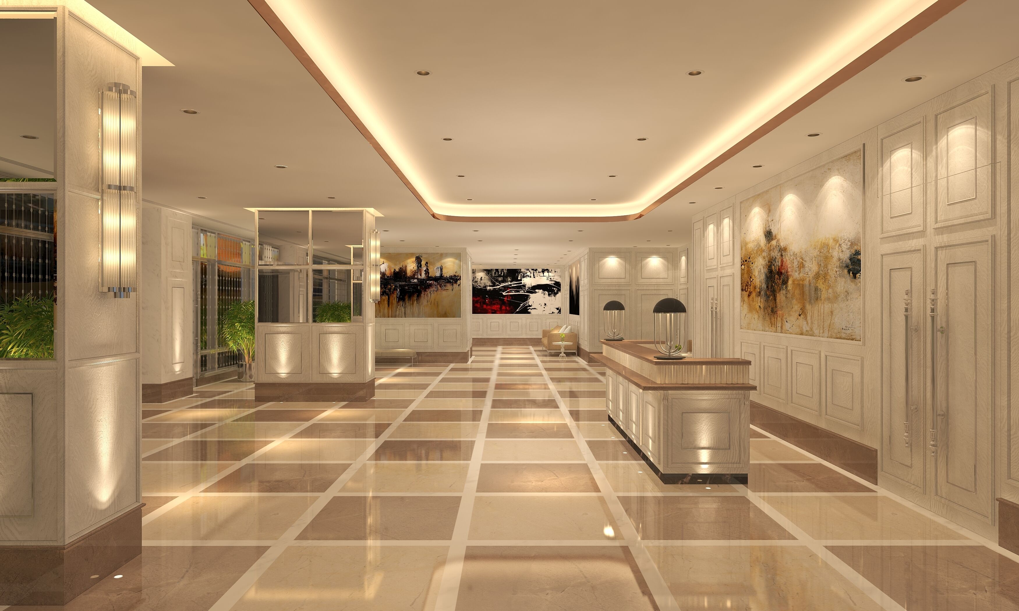 Un amplio hall de hotel con piso a cuadros, una recepción central y un cuadro abstracto de gran tamaño en la pared de fondo.
